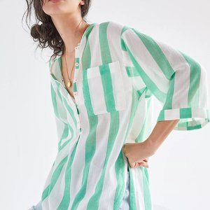 Maeve High-Low Tunic Blouse Anthropologie Green and White